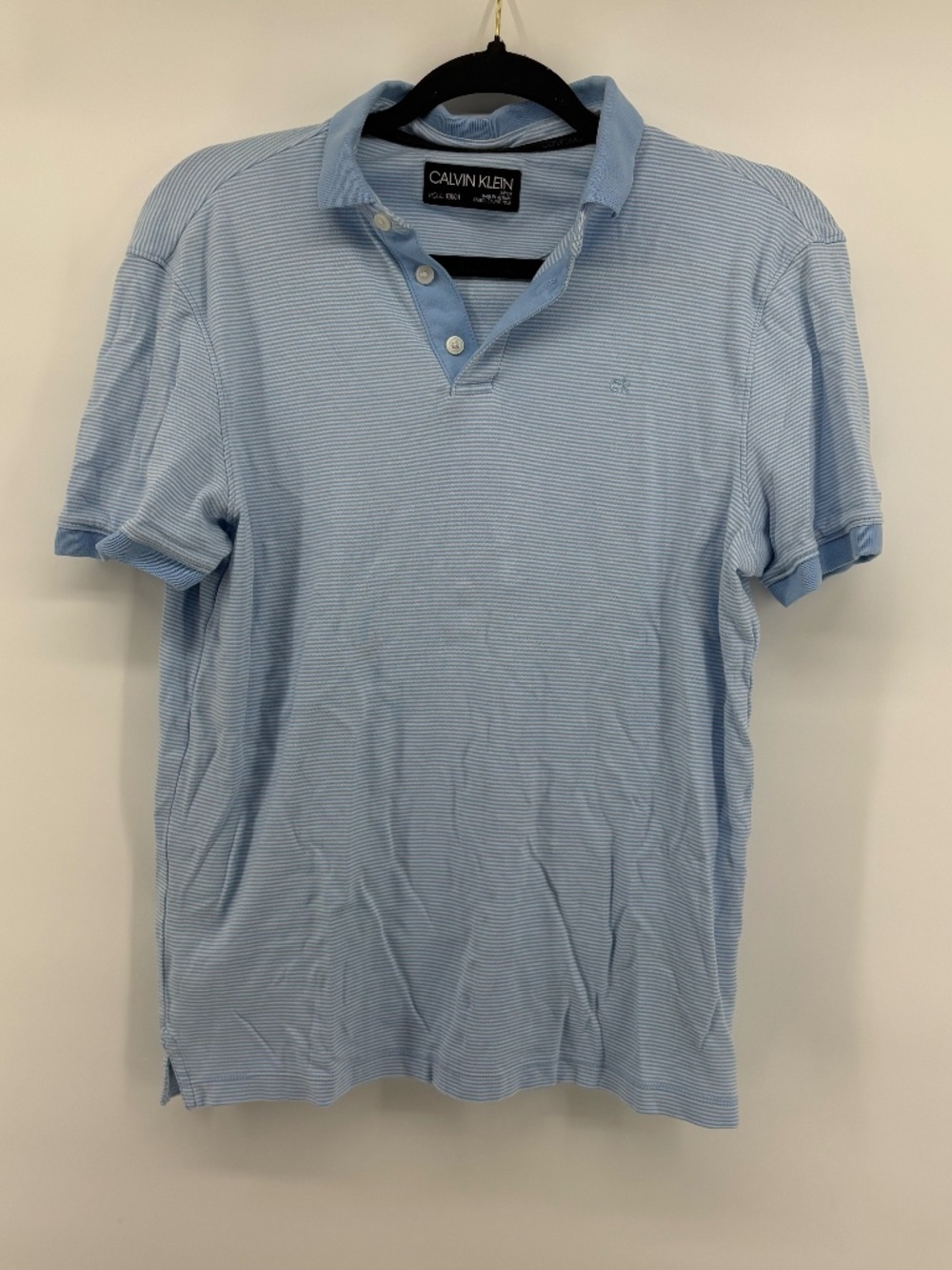 Mens Calvin Klein baby blue and white striped collared polo shirt size small